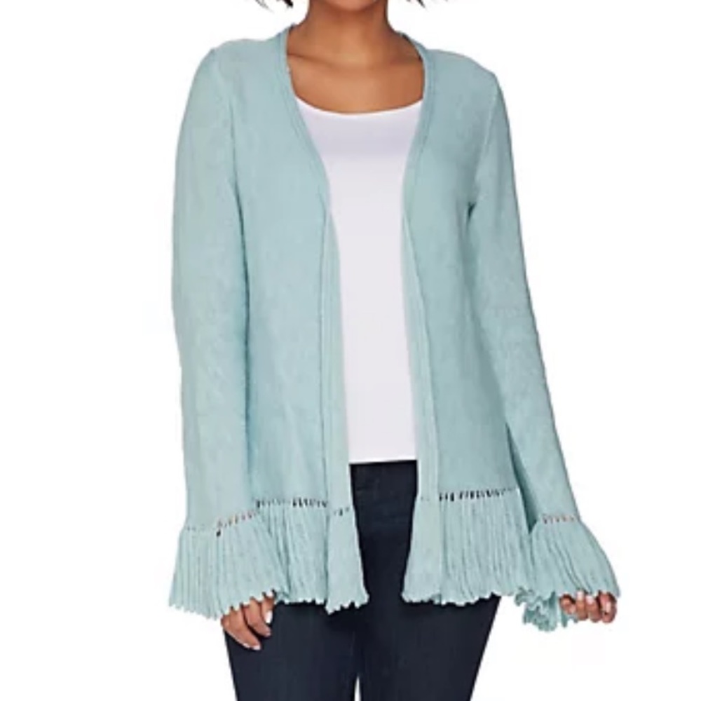 LOGO Slub Open Front Cotton Cardigan in Light Blue Size 2X *SUPER CUTE*